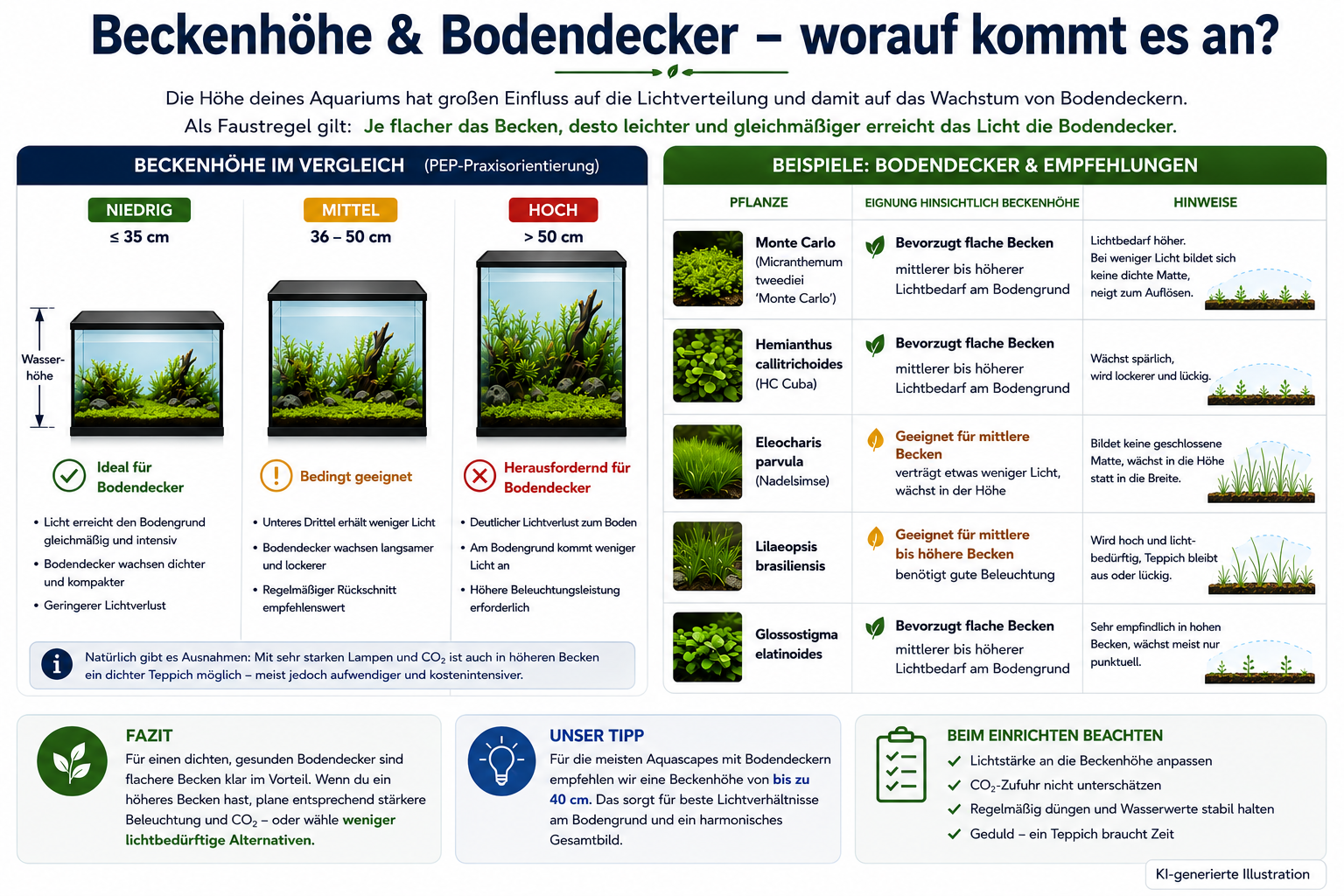 Infografik zum Einfluss der Beckenhöhe auf Licht und Bodendecker im Aquarium