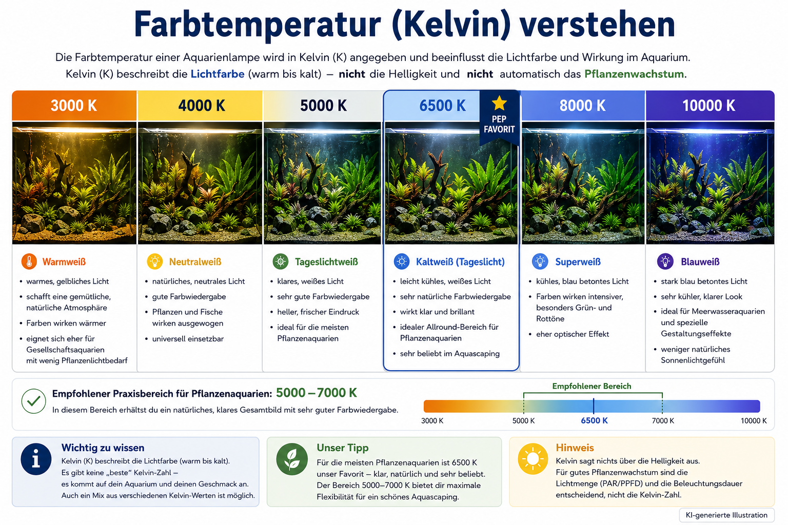 Infografik zur Farbtemperatur von Aquariumbeleuchtung in Kelvin