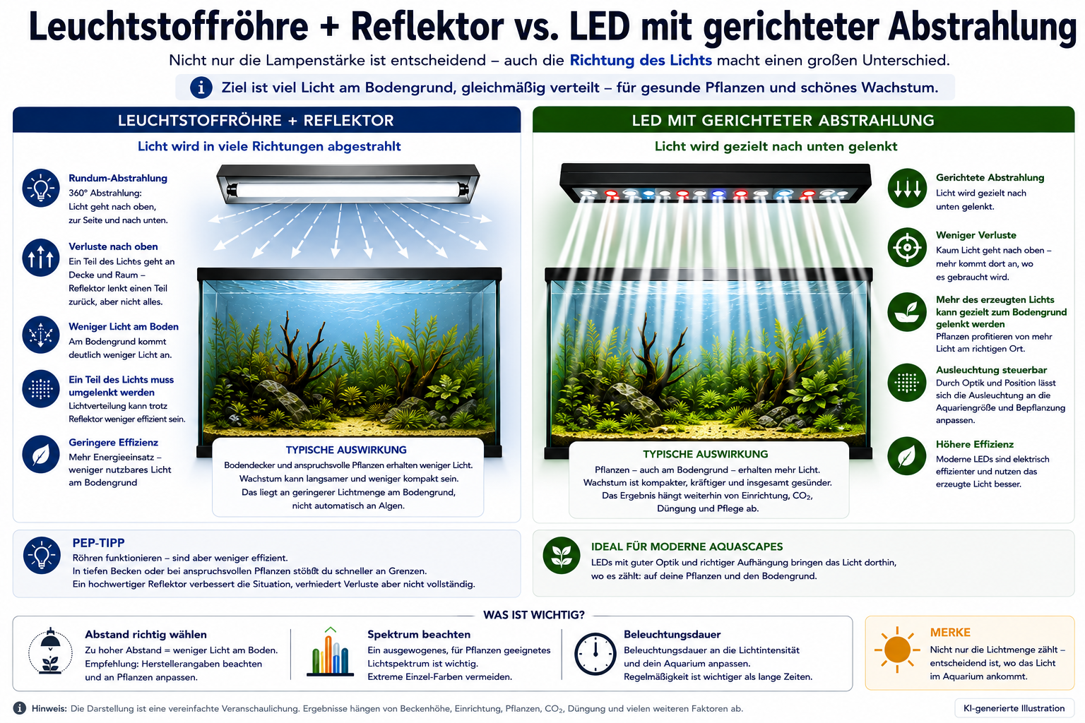 Infografik zum Vergleich der Lichtabstrahlung von Leuchtstoffröhre mit Reflektor und LED